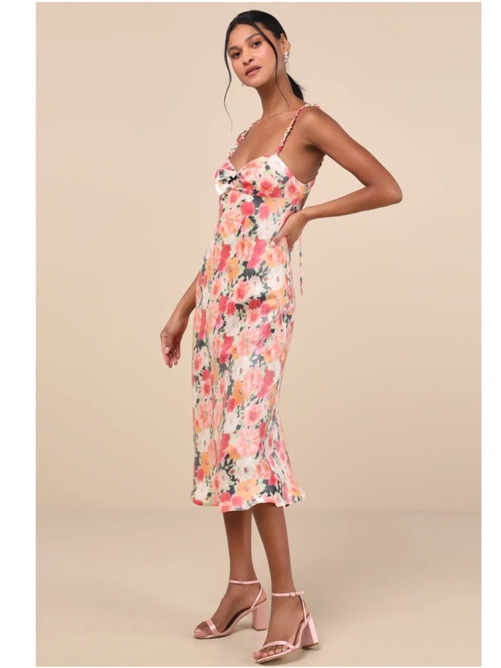 Lulu's Floral Midi Slip Dress in Pink, Coral, Yellow - Picture 3 of 12